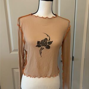 Urban Outfitters tan mesh floral graphic long sleeve cropped top size L